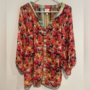 Fig & Flower Sheer Floral & Strip Blouse Plus 2X
